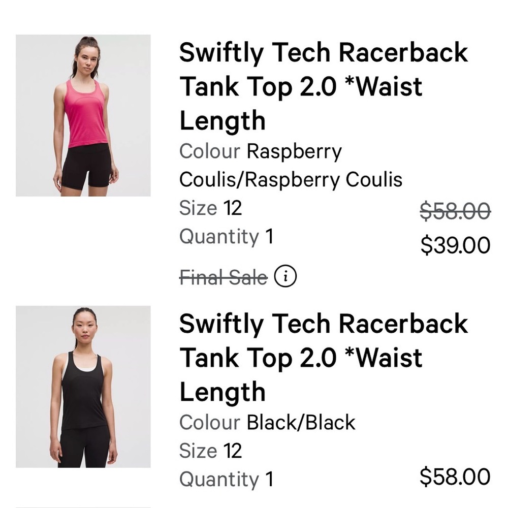Two lululemon Swiftly Tech Racerback Tank Tops - one Raspberry and one Black - Picture 2 of 3